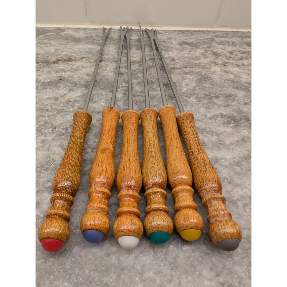Vintage Fondue Forks Skewers Set of 6 Wooden Color Coded Mid Century Retro 1970s